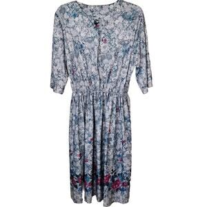 Vintage 80s Blue Teal Rose Floral Border Print Day Dress Women Size M/L Grandma